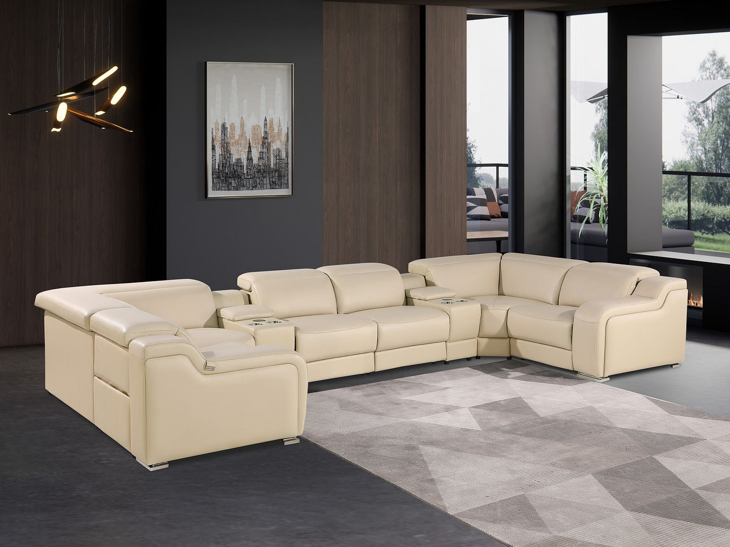 Beige Italian Leather Power Reclining U Shaped Eight Piece Corner Sectional With Console-Sectionals-DECOROLALA