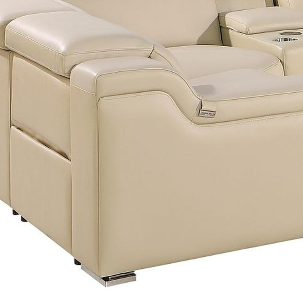 Beige Italian Leather Power Reclining U Shaped Eight Piece Corner Sectional With Console-Sectionals-DECOROLALA