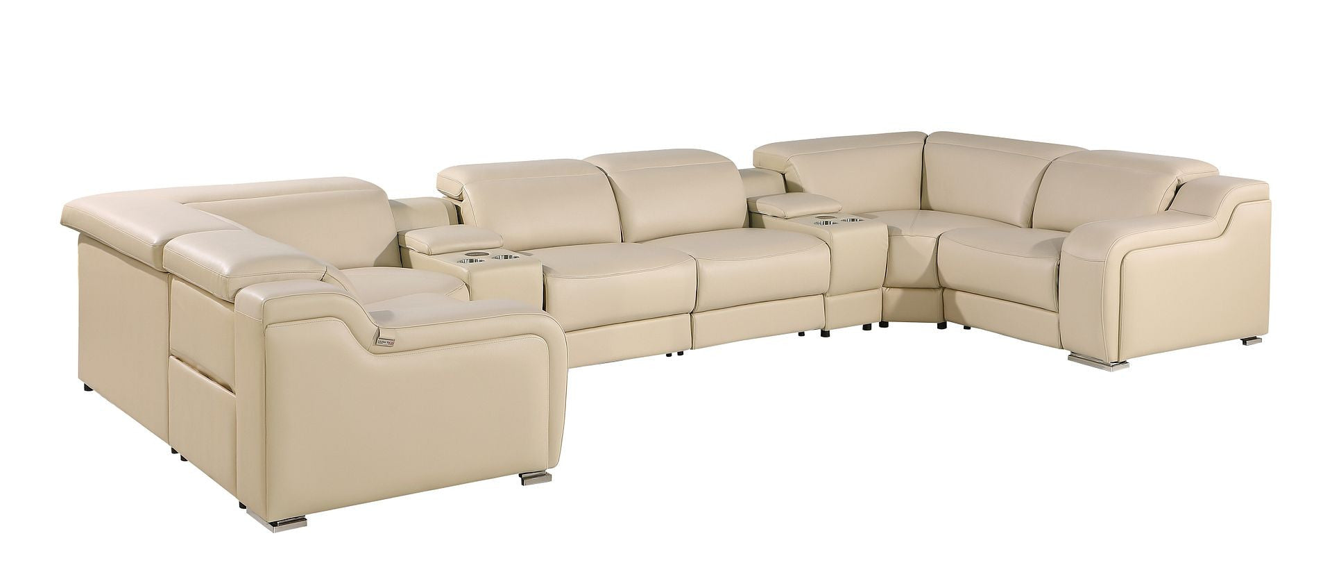Beige Italian Leather Power Reclining U Shaped Eight Piece Corner Sectional With Console-Sectionals-DECOROLALA