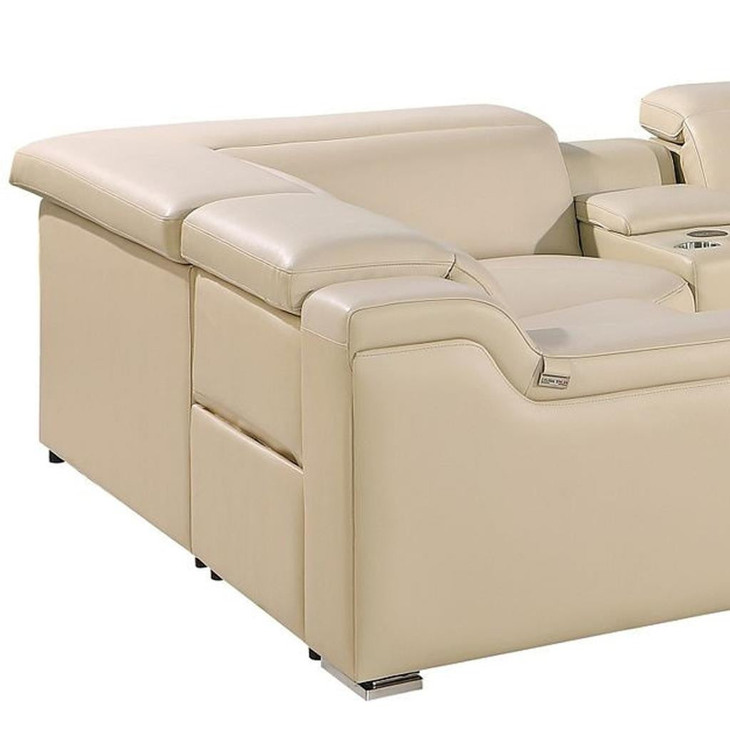 Beige Italian Leather Power Reclining U Shaped Eight Piece Corner Sectional With Console-Sectionals-DECOROLALA
