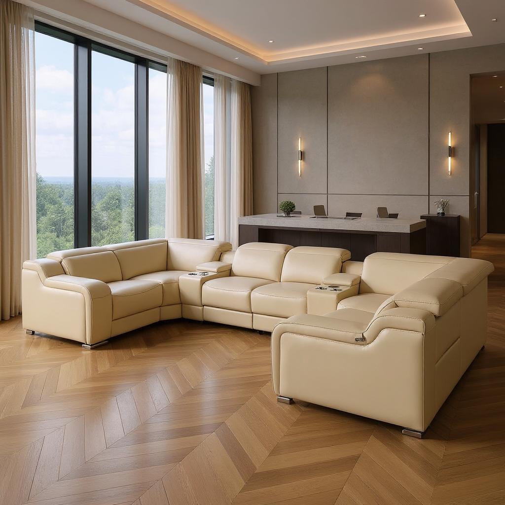 Beige Italian Leather Power Reclining U Shaped Eight Piece Corner Sectional With Console-Sectionals-DECOROLALA