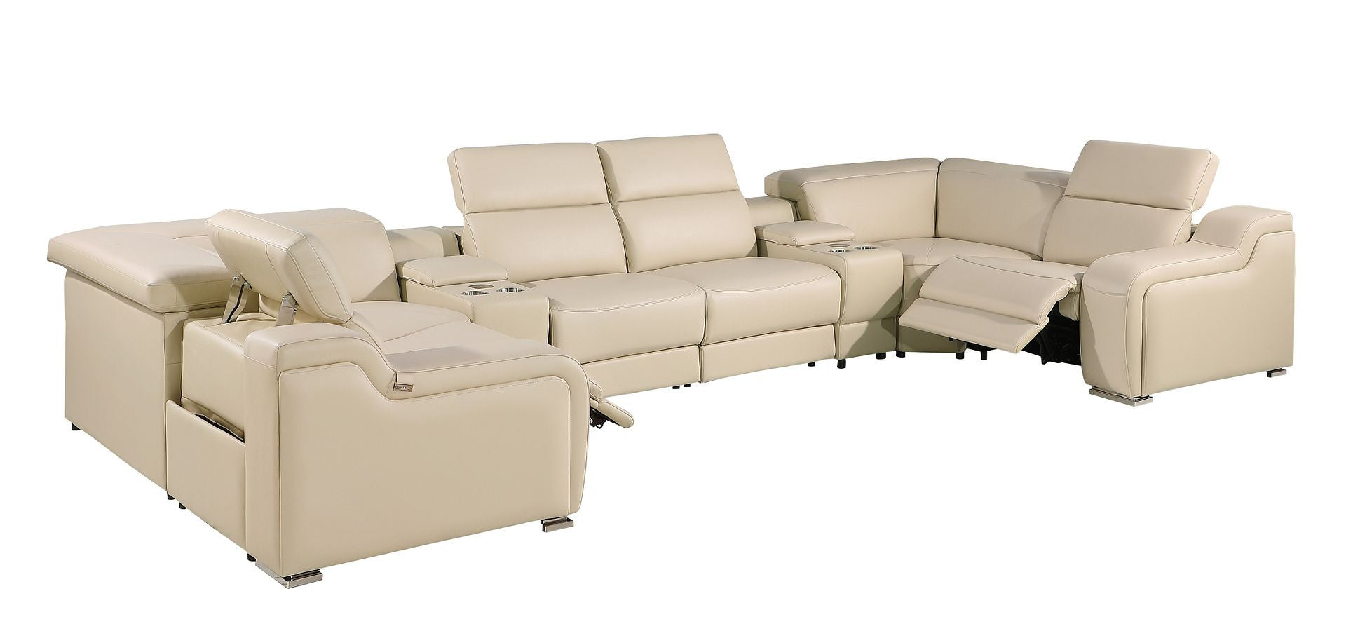 Beige Italian Leather Power Reclining U Shaped Eight Piece Corner Sectional With Console-Sectionals-DECOROLALA