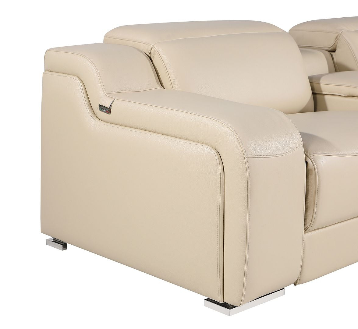 Beige Italian Leather Power Reclining U Shaped Eight Piece Corner Sectional With Console-Sectionals-DECOROLALA