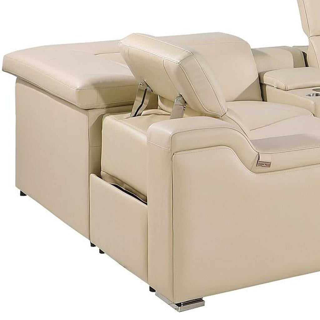 Beige Italian Leather Power Reclining U Shaped Eight Piece Corner Sectional With Console-Sectionals-DECOROLALA