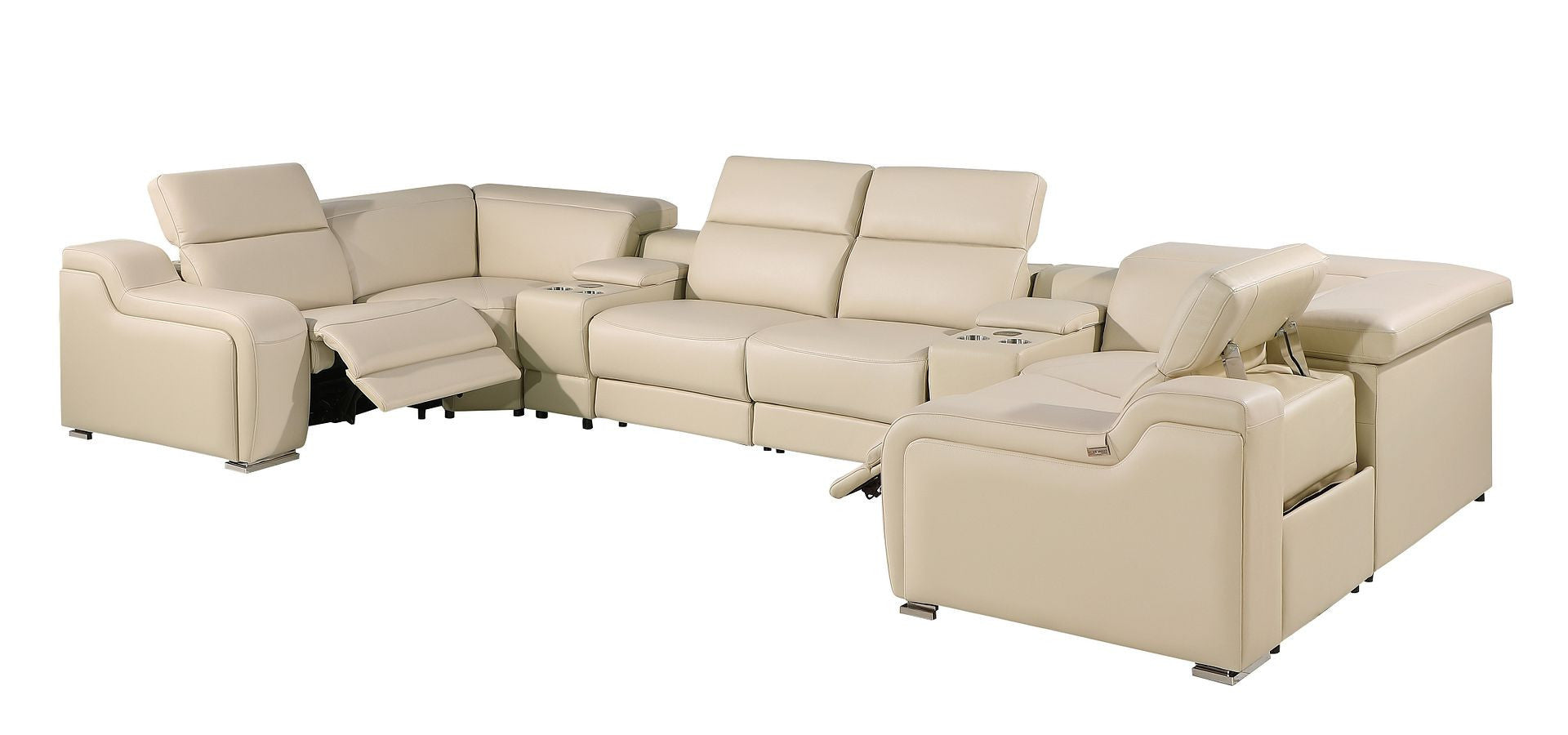 Beige Italian Leather Power Reclining U Shaped Eight Piece Corner Sectional With Console-Sectionals-DECOROLALA