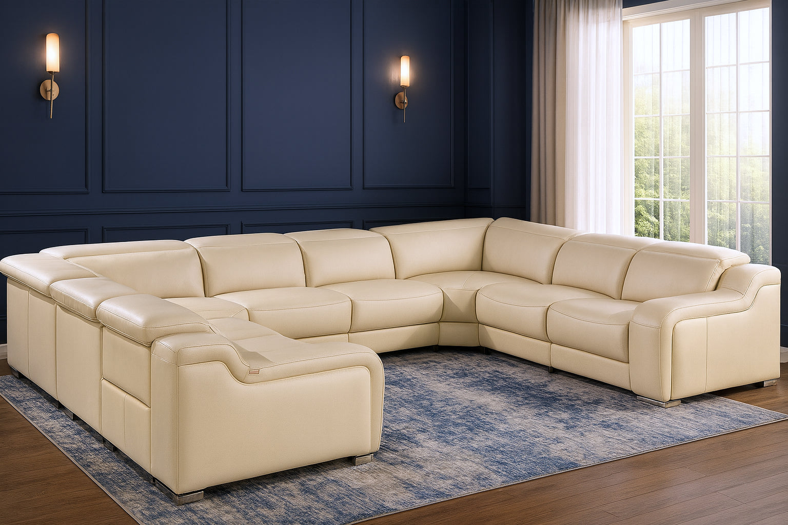 Beige Italian Leather Power Reclining U Shaped Eight Piece Corner Sectional With Console-Sectionals-DECOROLALA