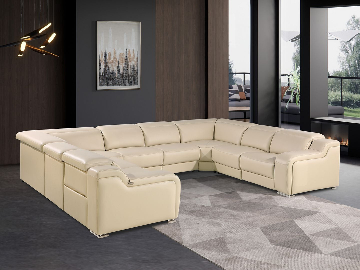 Beige Italian Leather Power Reclining U Shaped Eight Piece Corner Sectional With Console-Sectionals-DECOROLALA