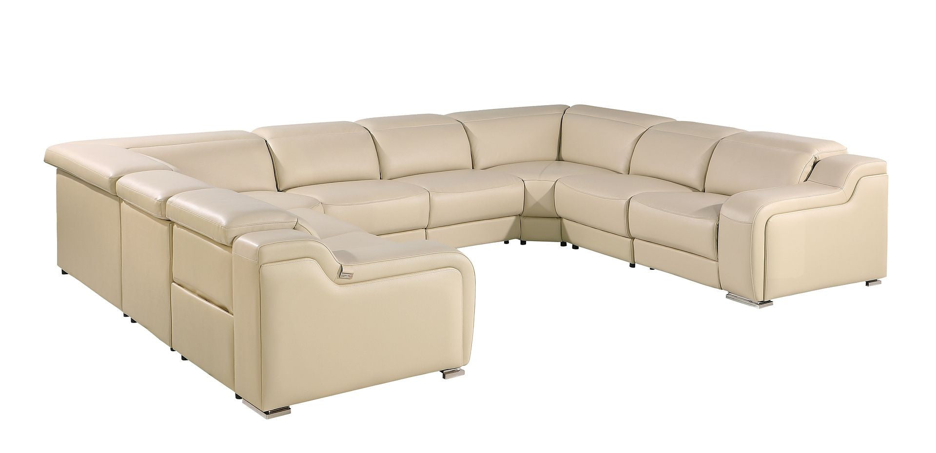 Beige Italian Leather Power Reclining U Shaped Eight Piece Corner Sectional With Console-Sectionals-DECOROLALA
