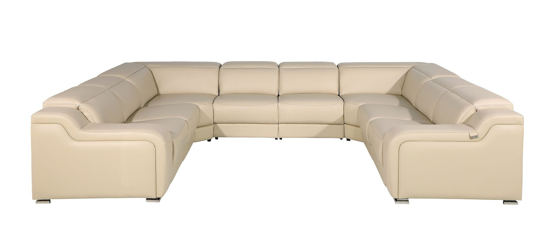 Beige Italian Leather Power Reclining U Shaped Eight Piece Corner Sectional With Console-Sectionals-DECOROLALA