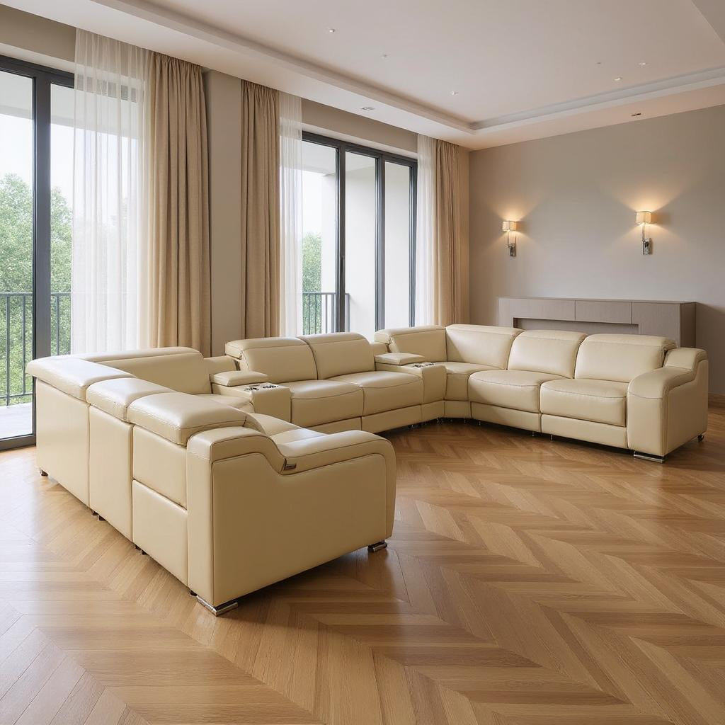 Beige Italian Leather Power Reclining U Shaped Ten Piece Corner Sectional With Console-Sectionals-DECOROLALA