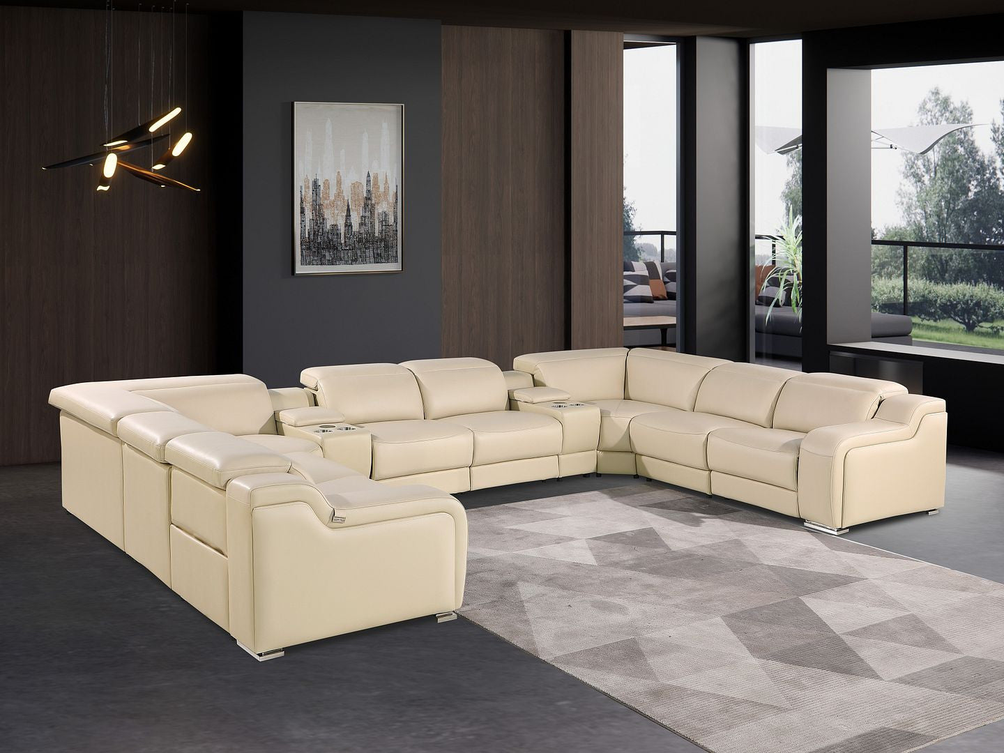 Beige Italian Leather Power Reclining U Shaped Ten Piece Corner Sectional With Console-Sectionals-DECOROLALA