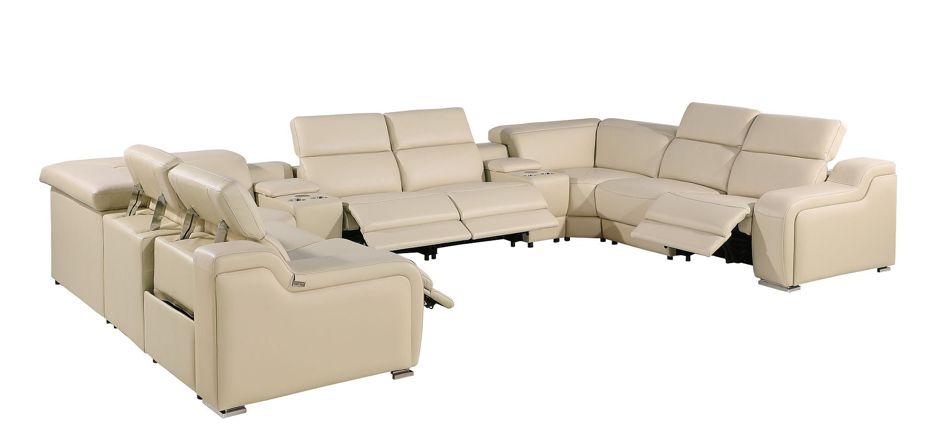 Beige Italian Leather Power Reclining U Shaped Ten Piece Corner Sectional With Console-Sectionals-DECOROLALA