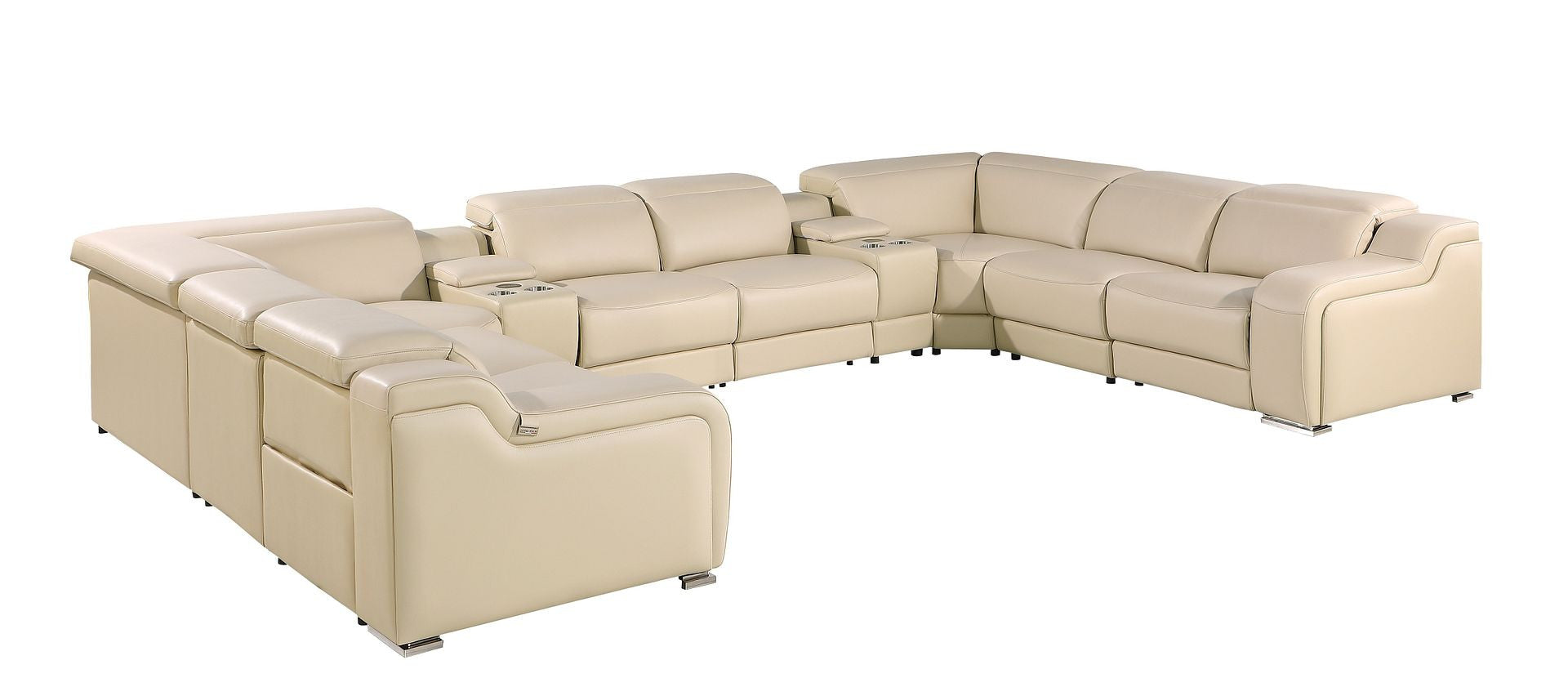 Beige Italian Leather Power Reclining U Shaped Ten Piece Corner Sectional With Console-Sectionals-DECOROLALA