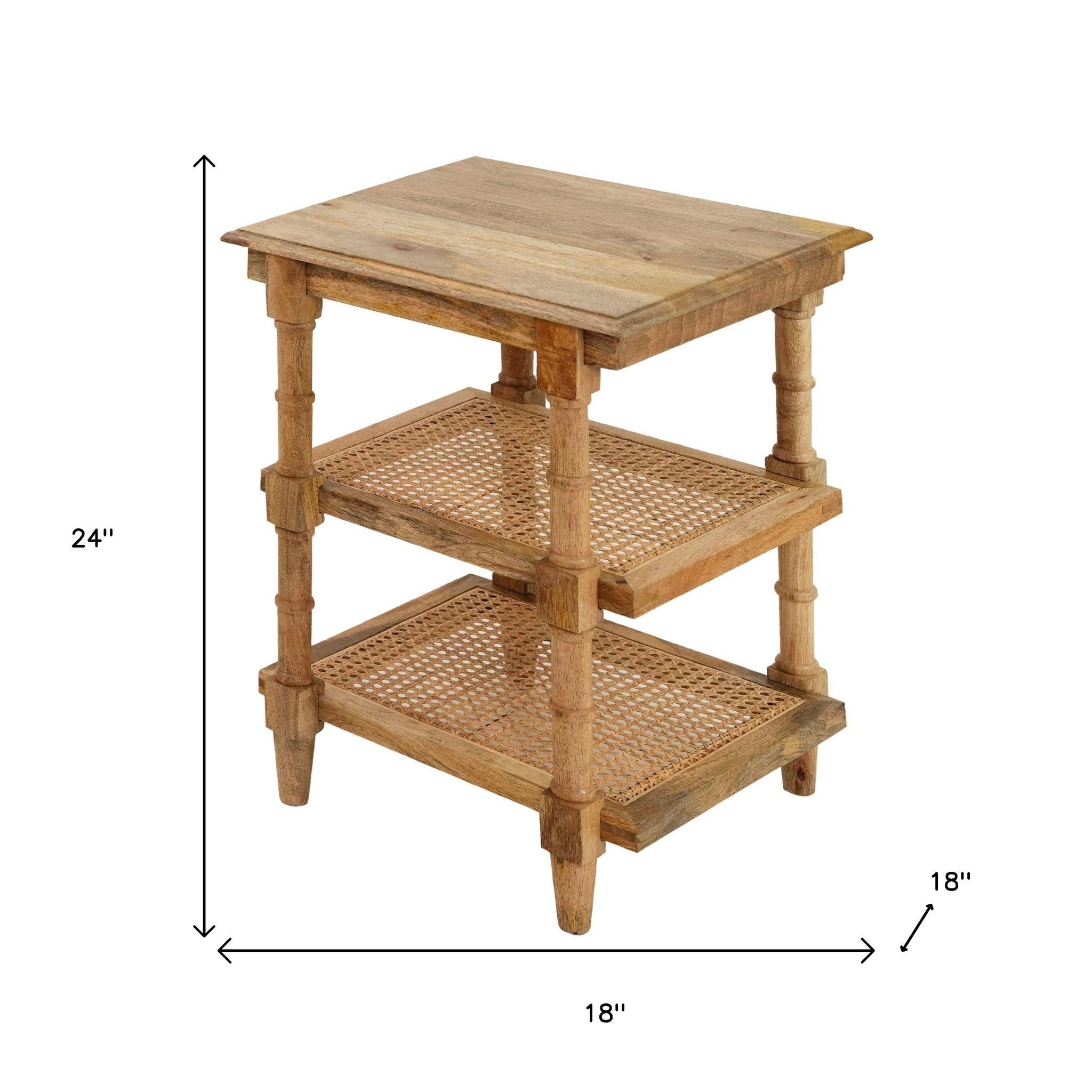 24" Natural Solid Wood End Table With Two Shelves-6