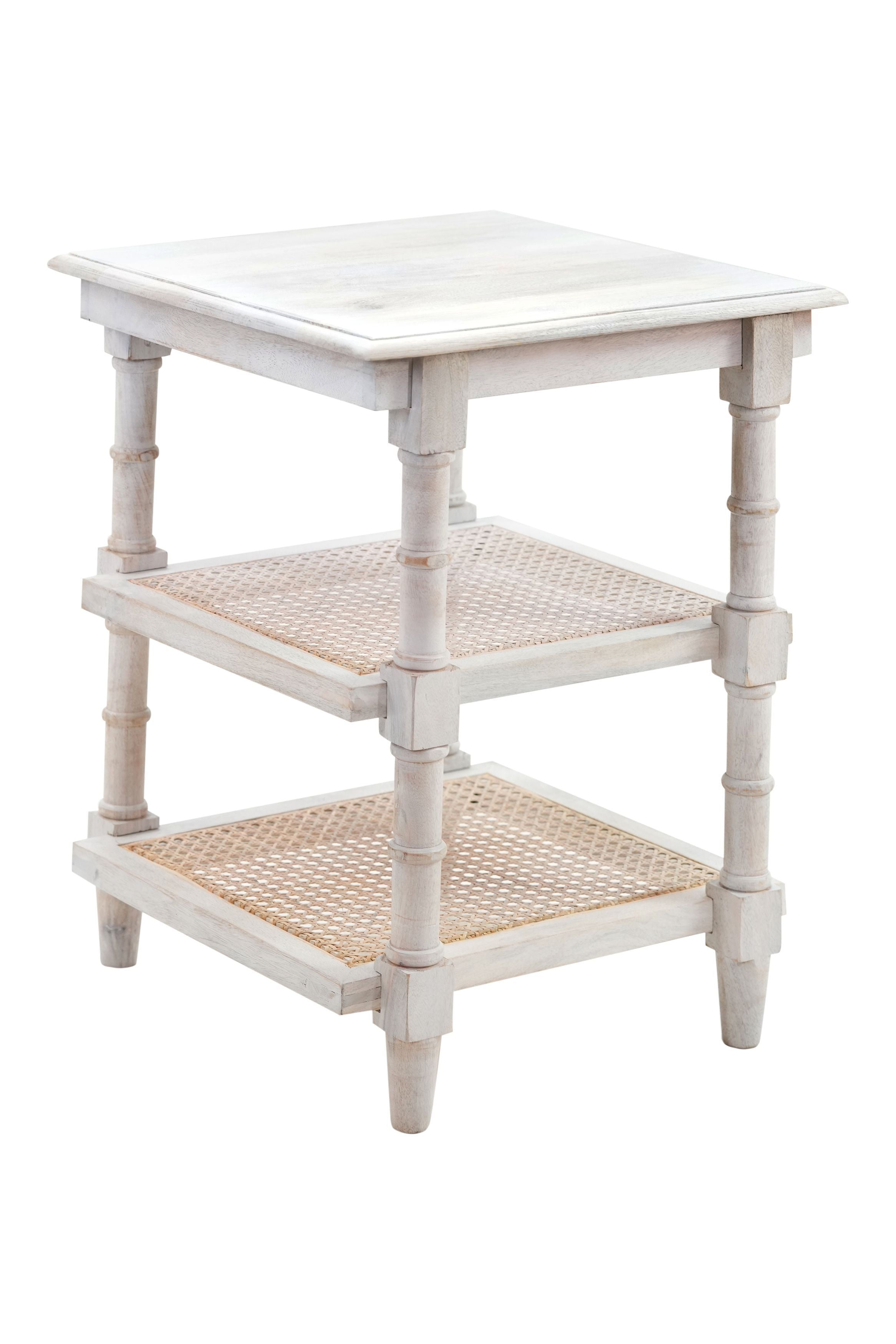 24" Antiqued White Solid Wood End Table With Two Shelves-End-Side Tables-DECOROLALA