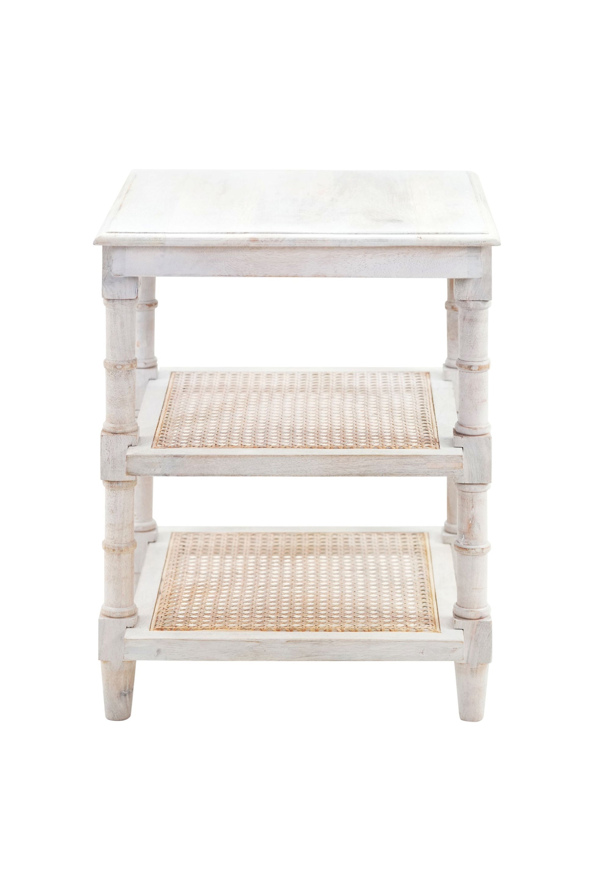 24" Antiqued White Solid Wood End Table With Two Shelves-End-Side Tables-DECOROLALA