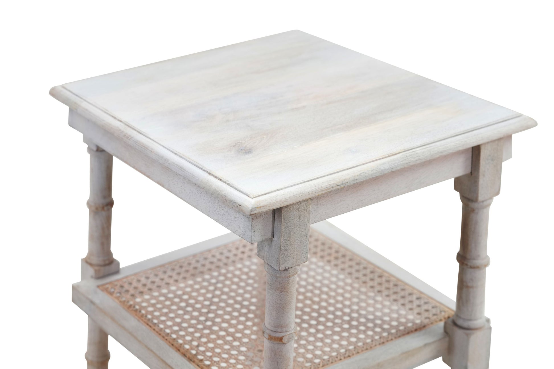 24" Antiqued White Solid Wood End Table With Two Shelves-End-Side Tables-DECOROLALA