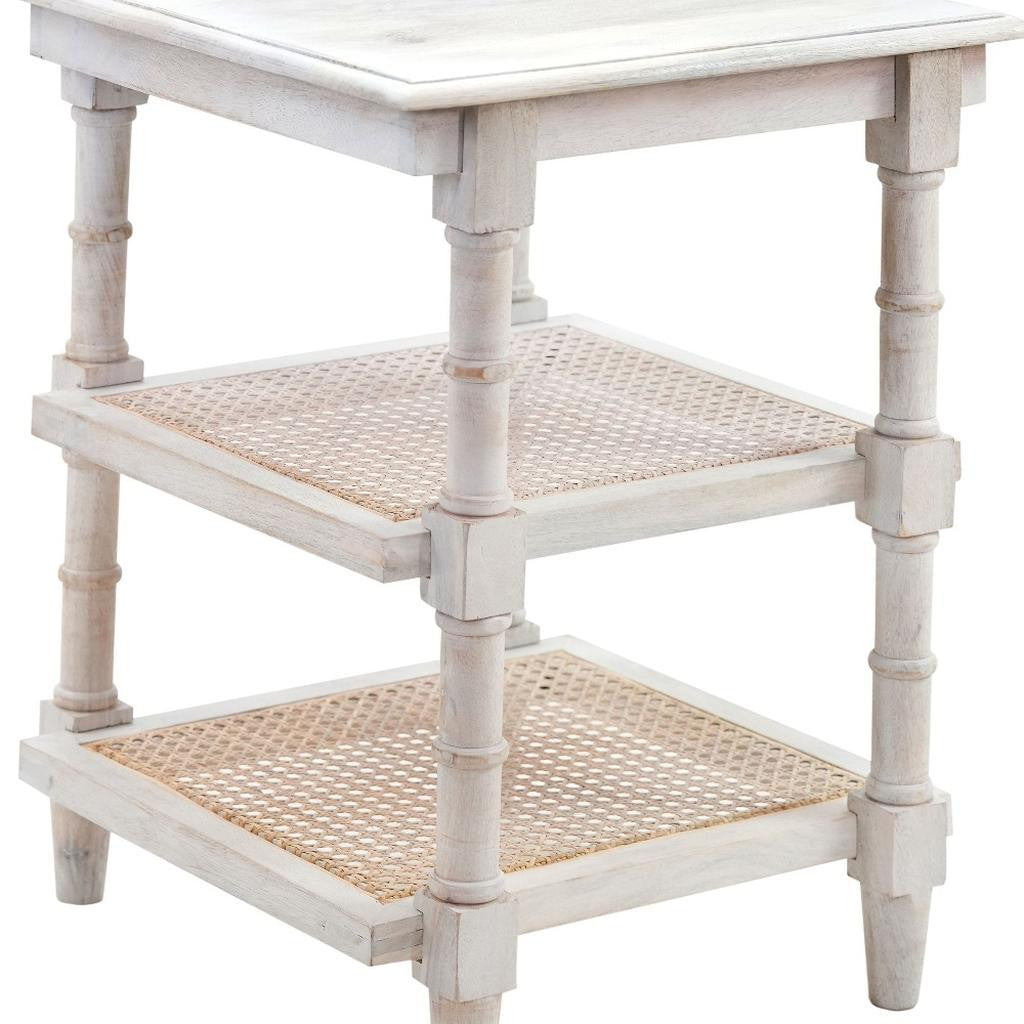 24" Antiqued White Solid Wood End Table With Two Shelves-End-Side Tables-DECOROLALA