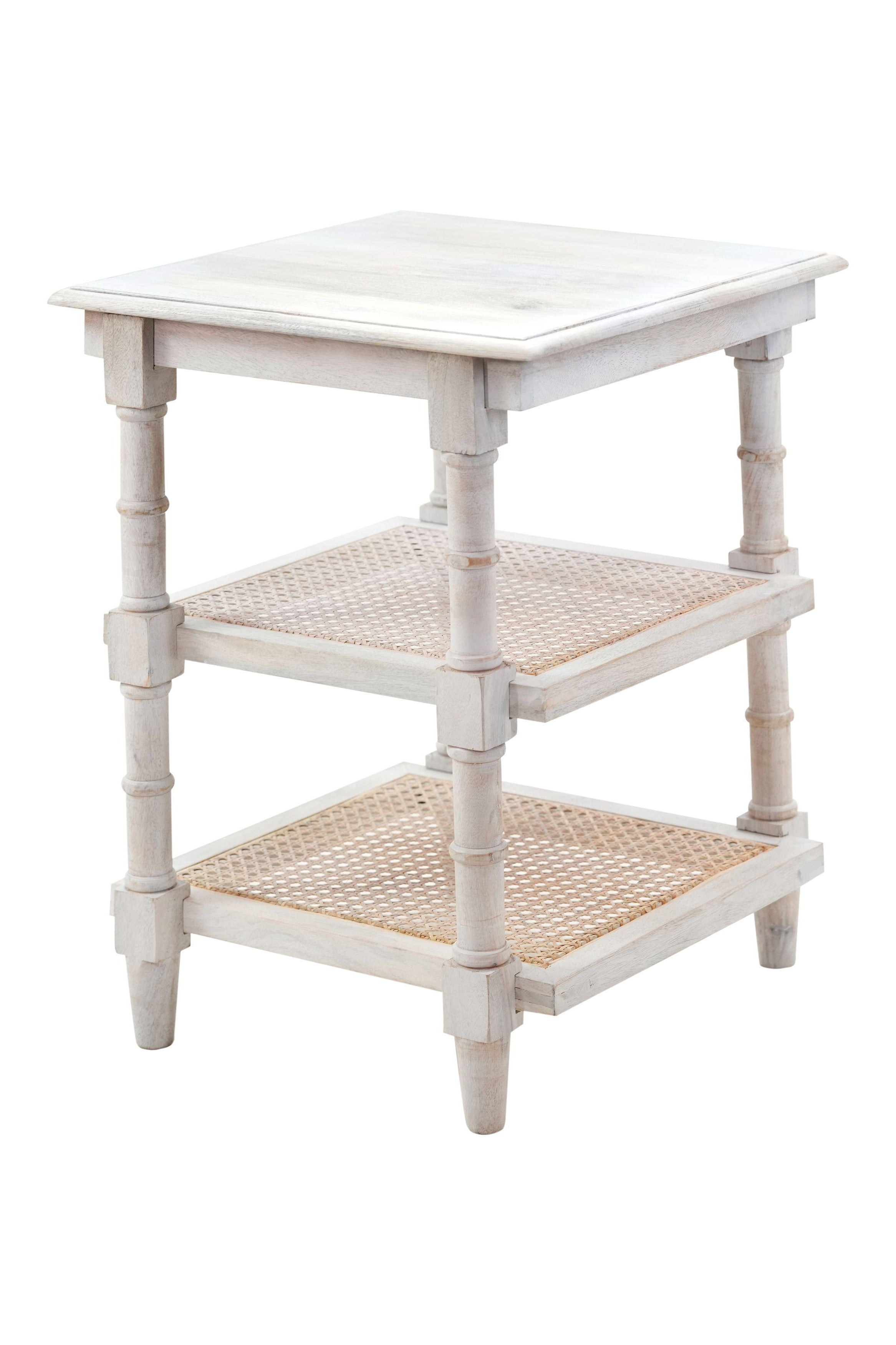 24" Antiqued White Solid Wood End Table With Two Shelves-End-Side Tables-DECOROLALA