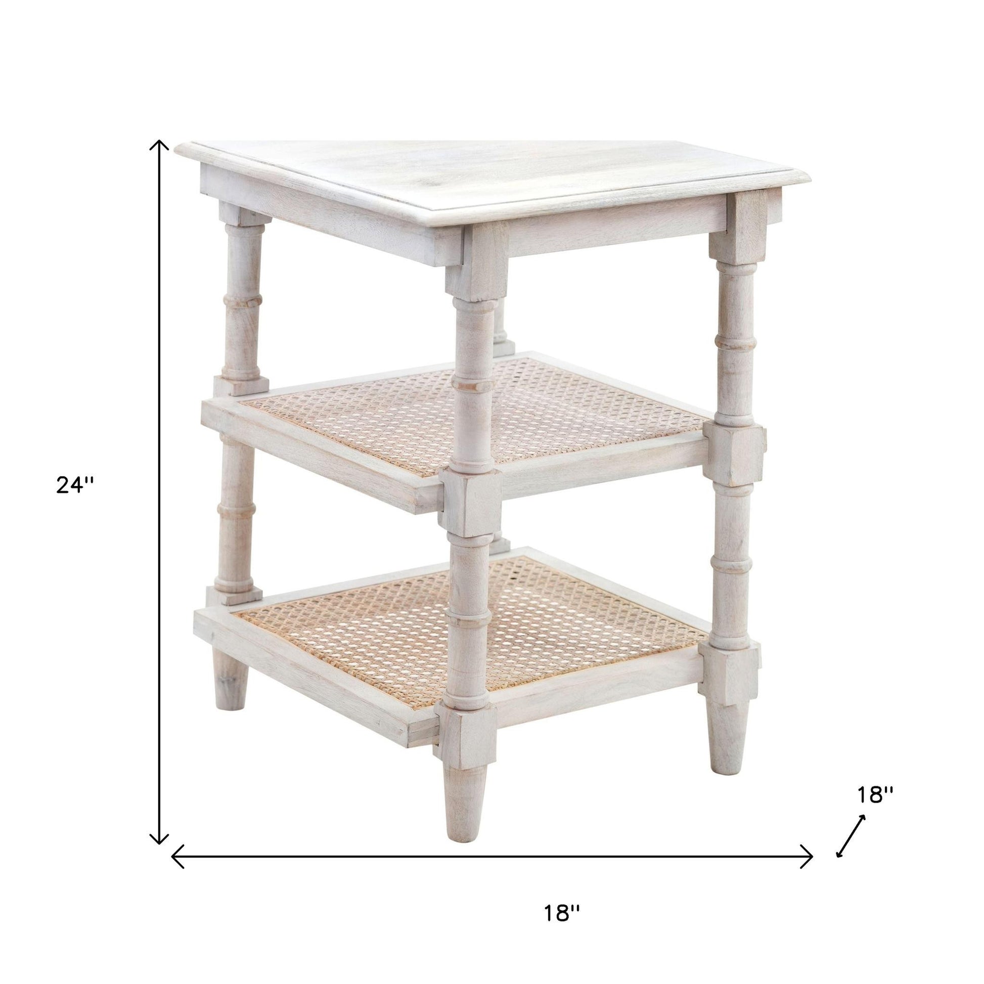 24" Antiqued White Solid Wood End Table With Two Shelves-End-Side Tables-DECOROLALA
