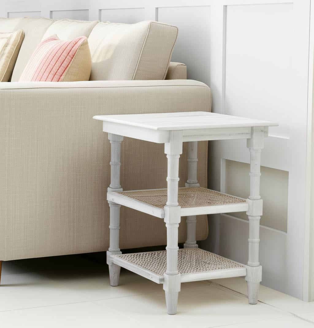 24" Antiqued White Solid Wood End Table With Two Shelves-End-Side Tables-DECOROLALA