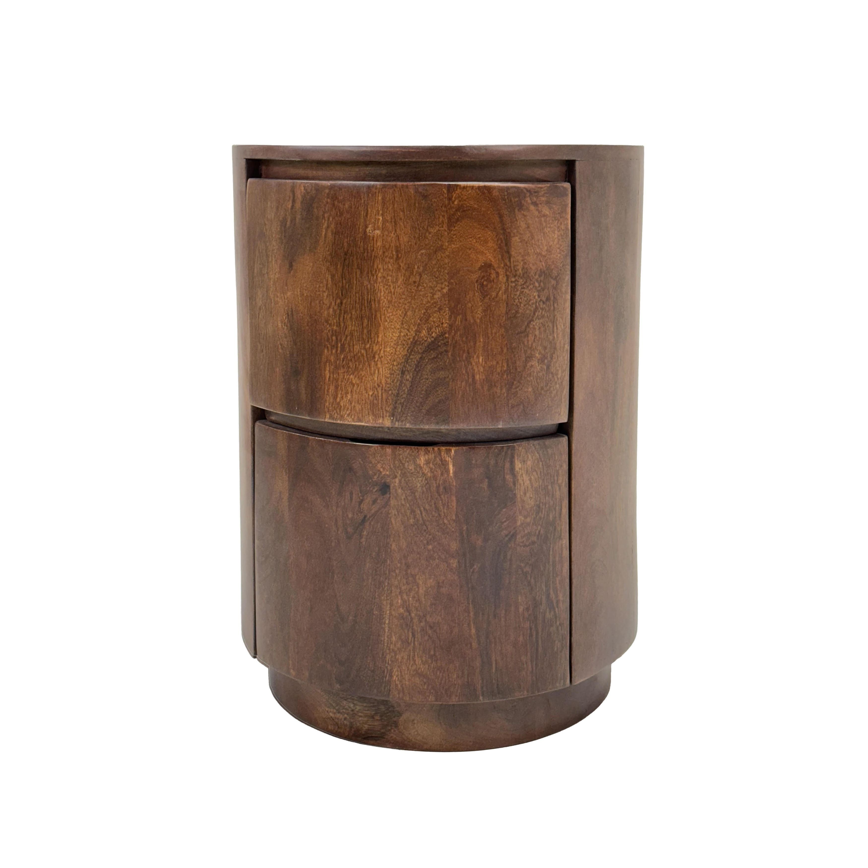 24" Chestnut Solid Wood Round Drum End Table With Two Drawers-2