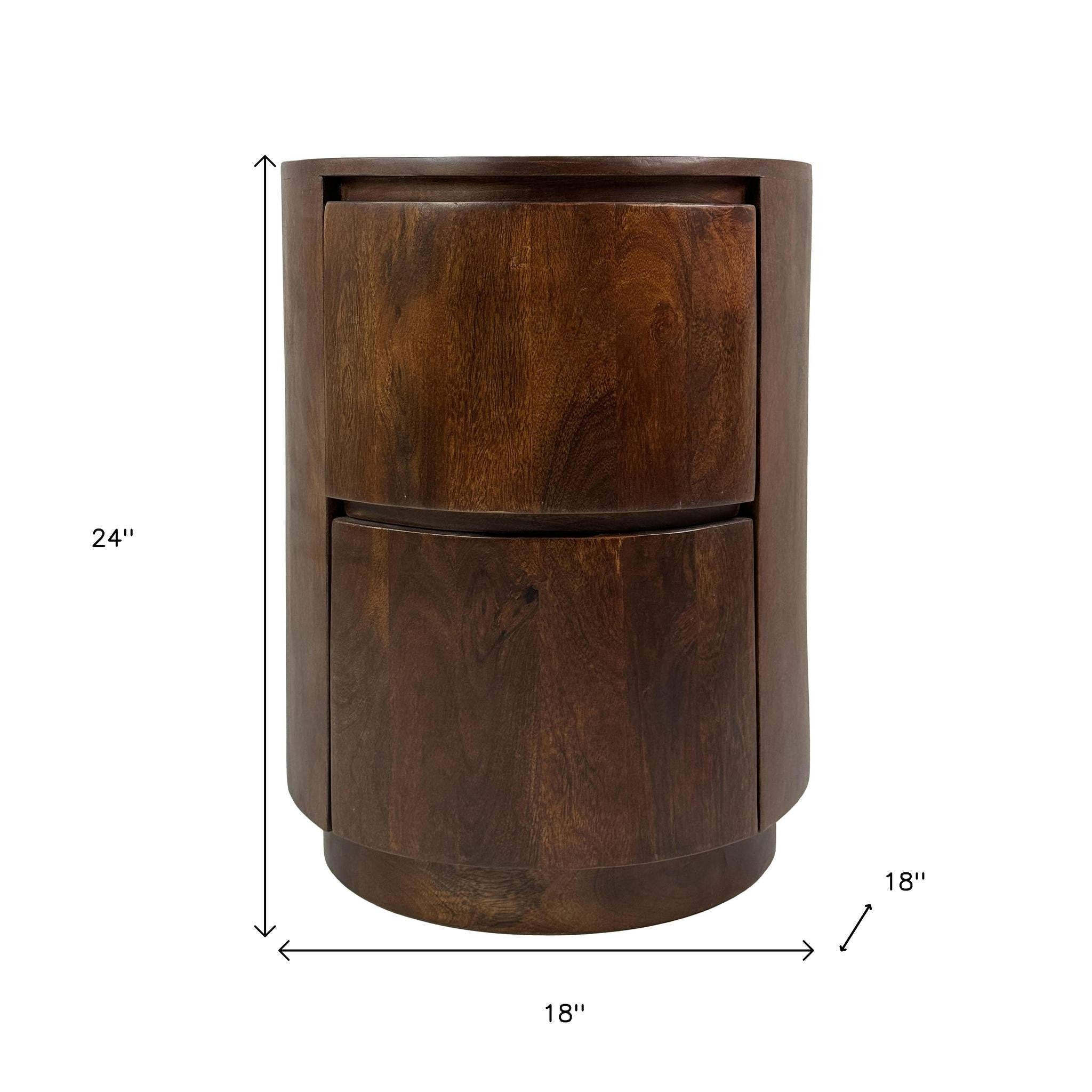 24" Chestnut Solid Wood Round Drum End Table With Two Drawers-6