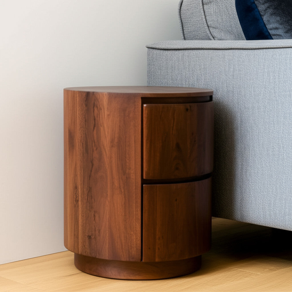 24" Chestnut Solid Wood Round Drum End Table With Two Drawers-0