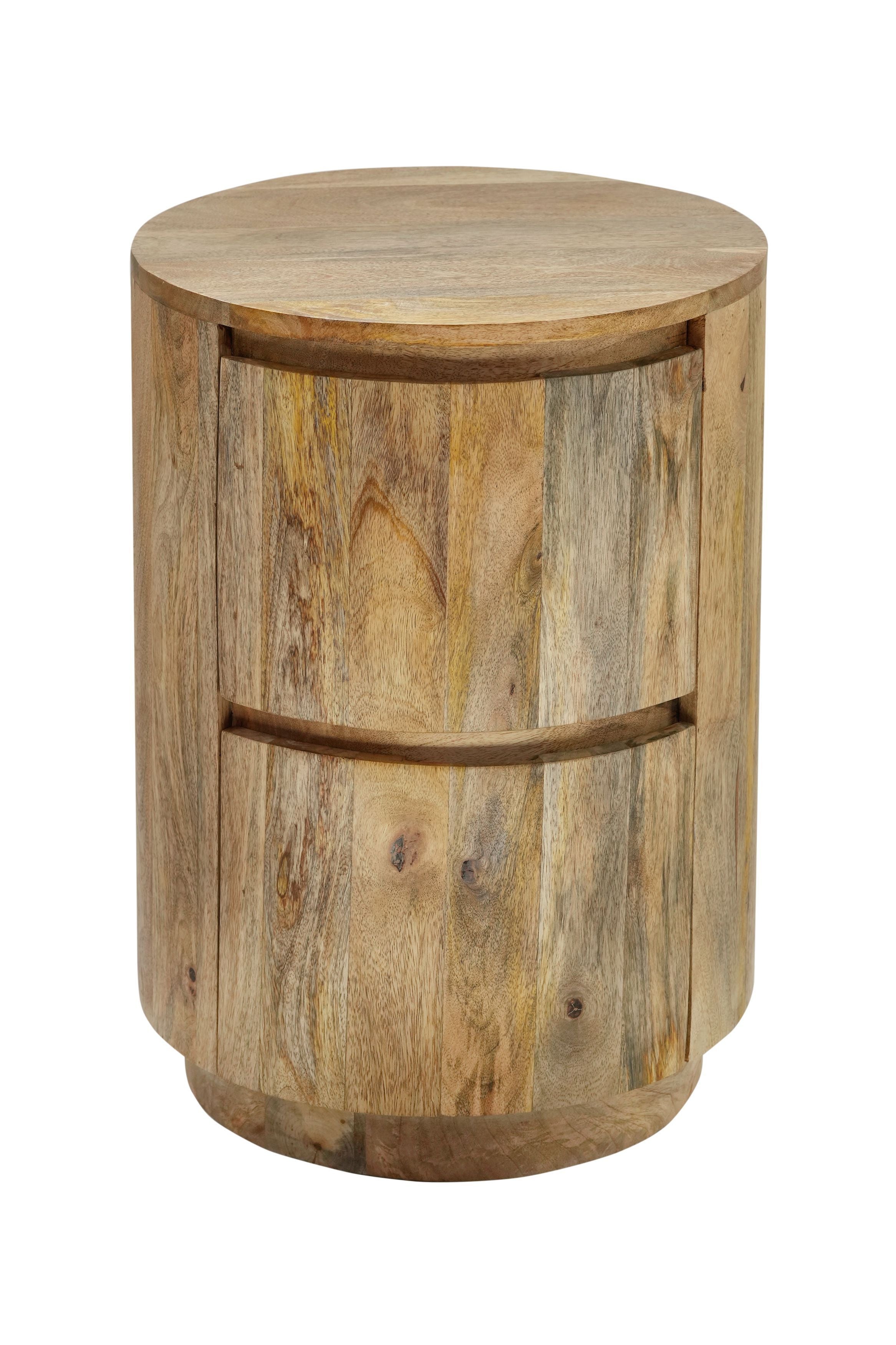 24" Natural Solid Wood Round Drum End Table With Two Drawers-1