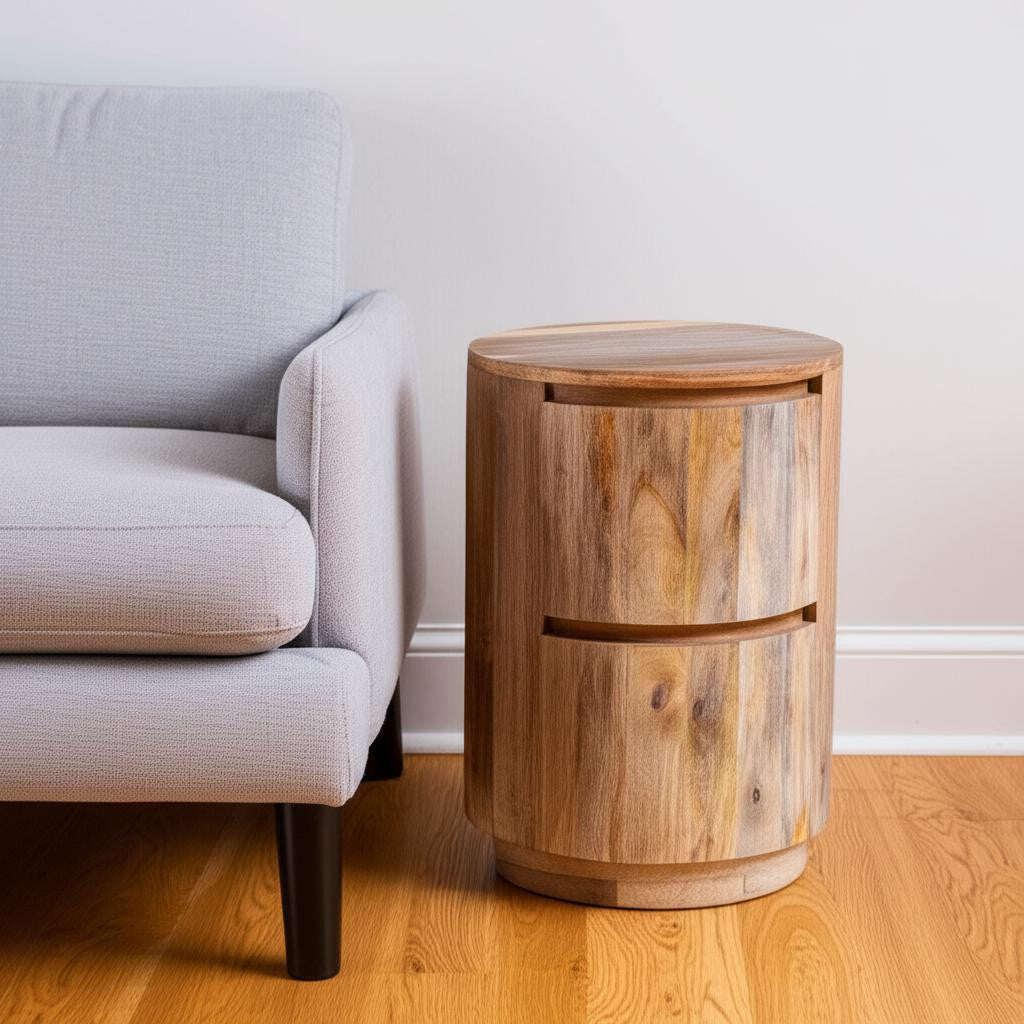 24" Natural Solid Wood Round Drum End Table With Two Drawers-0