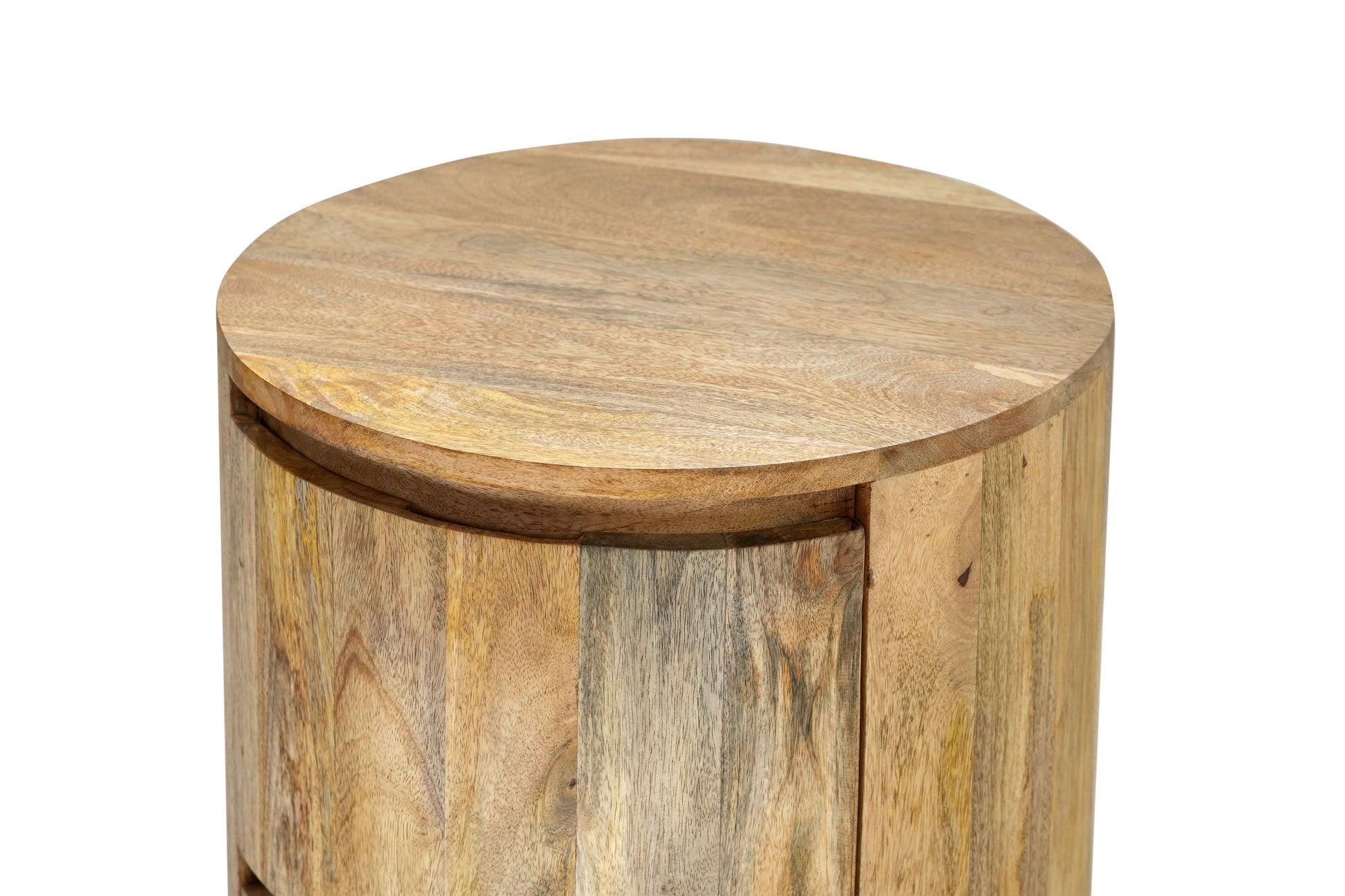24" Natural Solid Wood Round Drum End Table With Two Drawers-3
