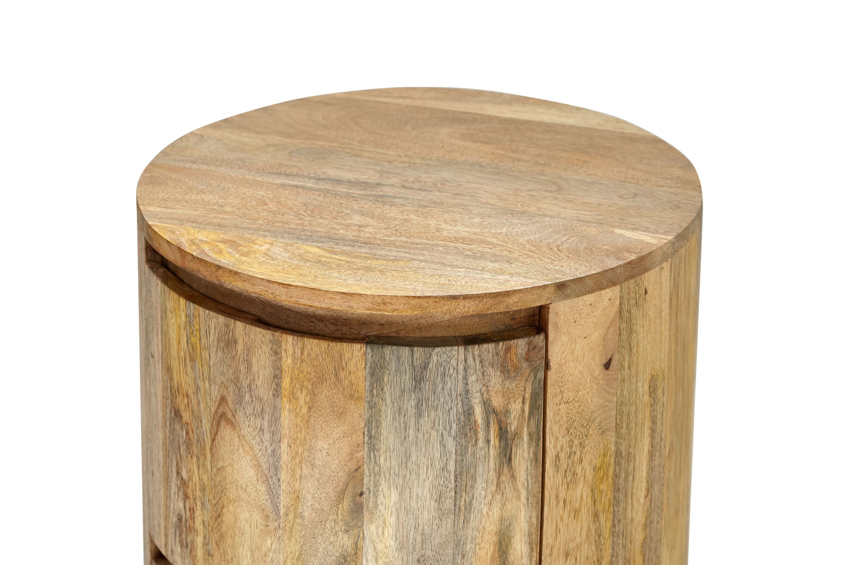 24" Natural Solid Wood Round Drum End Table With Two Drawers-3