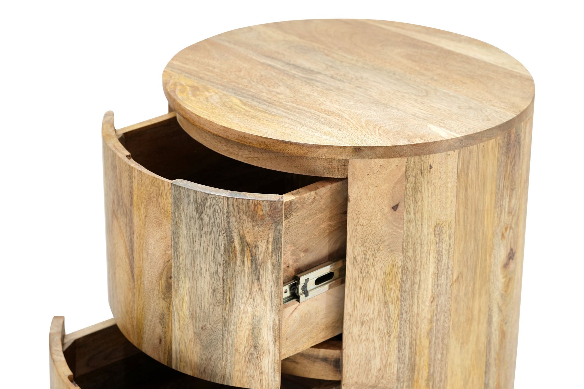 24" Natural Solid Wood Round Drum End Table With Two Drawers-4