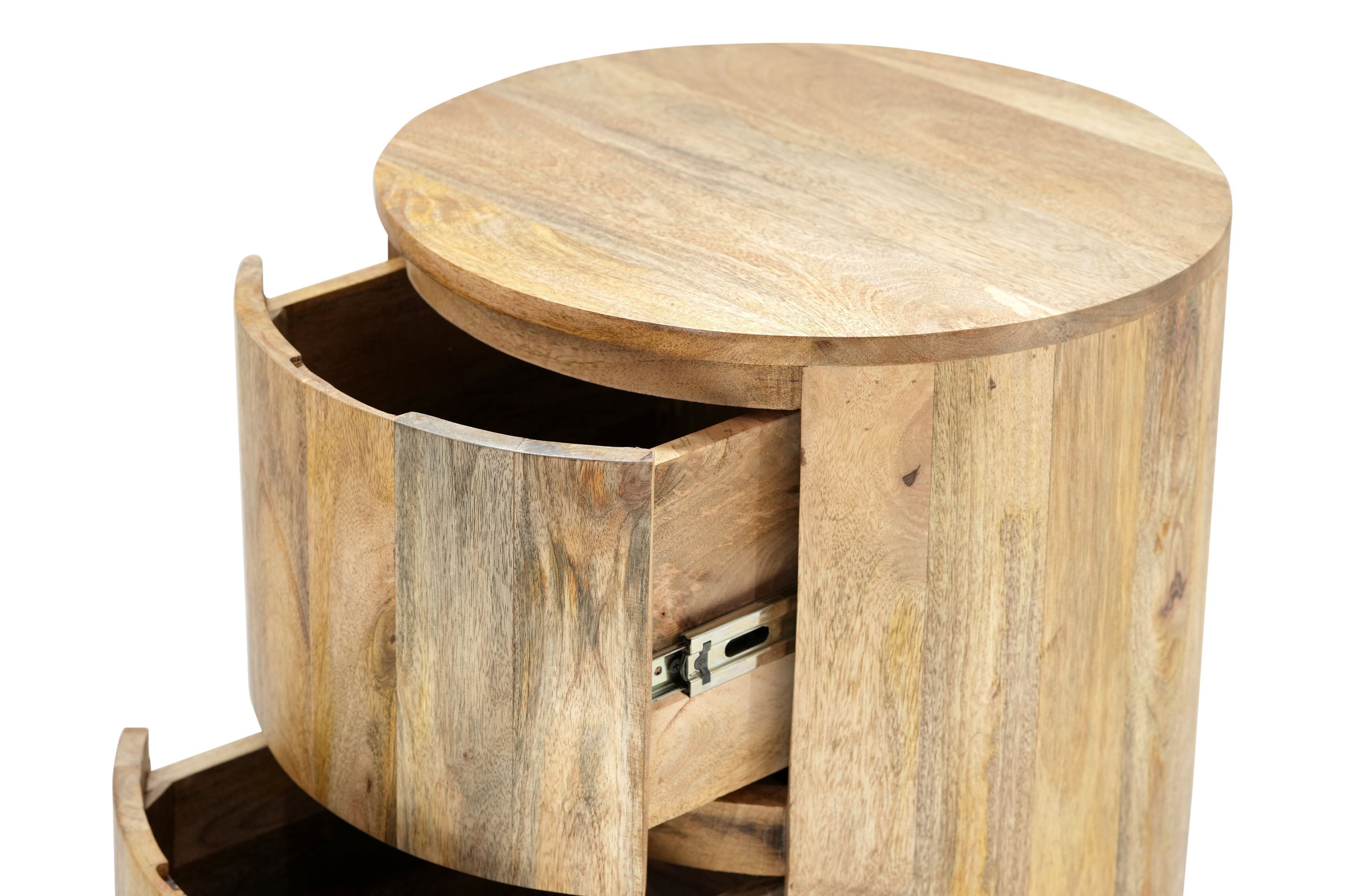 24" Natural Solid Wood Round Drum End Table With Two Drawers-4