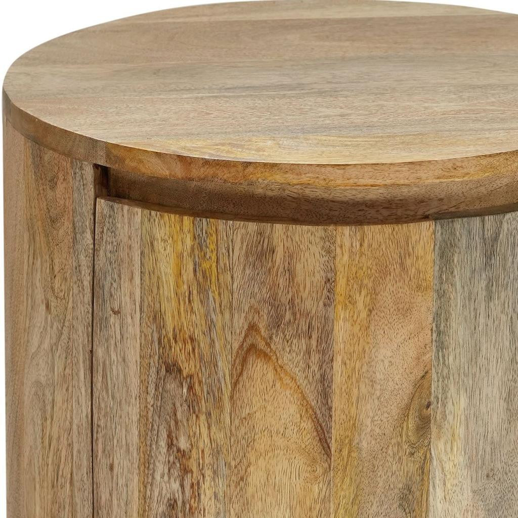 24" Natural Solid Wood Round Drum End Table With Two Drawers-5