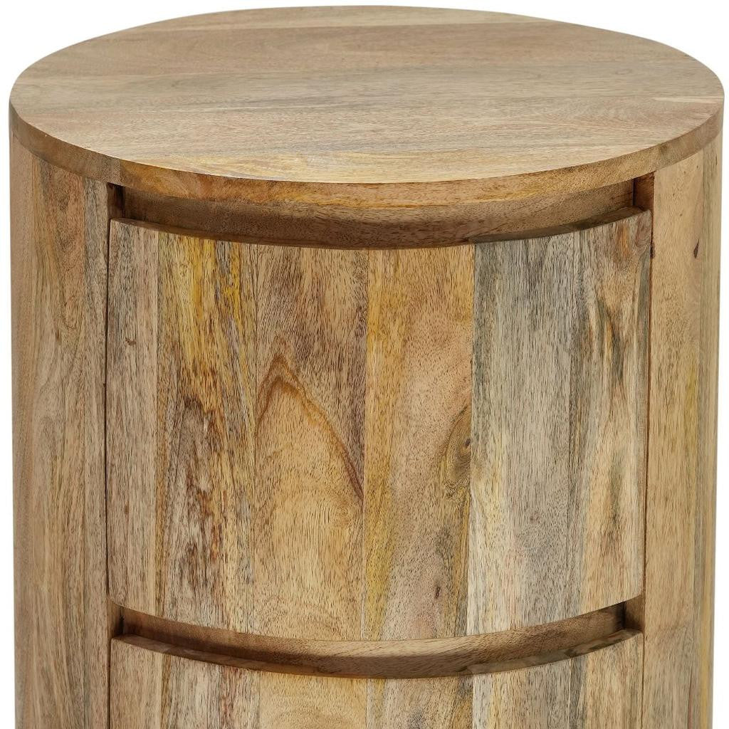 24" Natural Solid Wood Round Drum End Table With Two Drawers-6