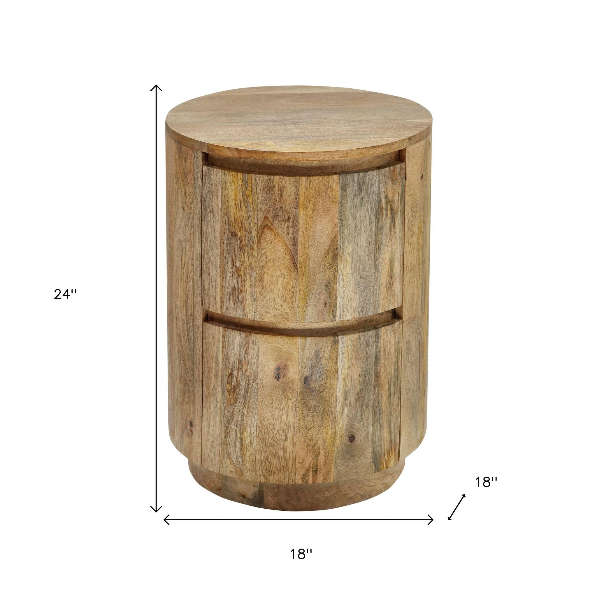 24" Natural Solid Wood Round Drum End Table With Two Drawers-7