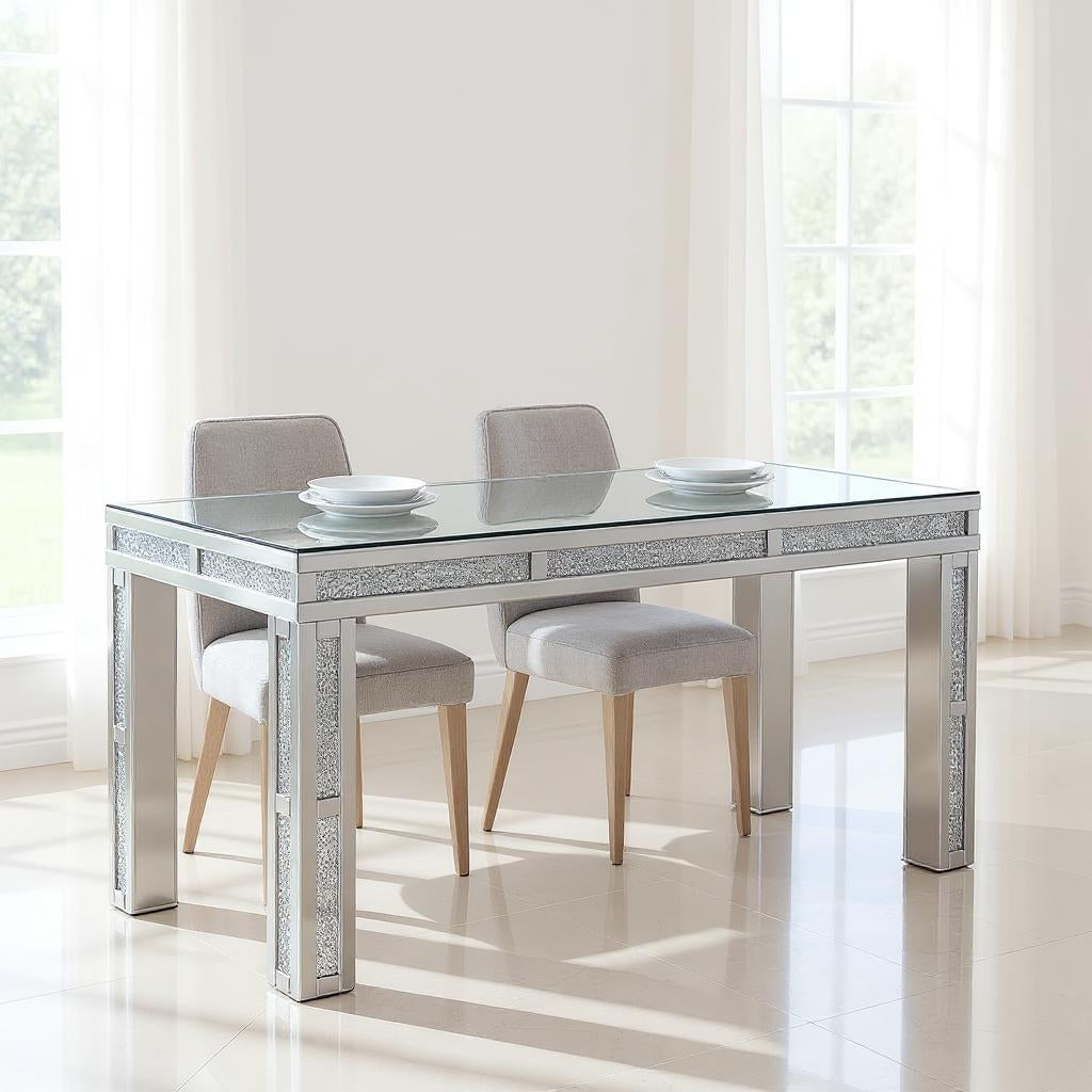 31" Silver Mirrored Glass And Faux Crystal Dining Table-Dining Tables-DECOROLALA