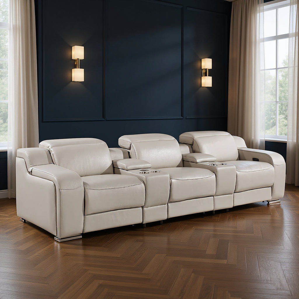 129" Light Gray Italian Leather Reclining USB Sofa-0