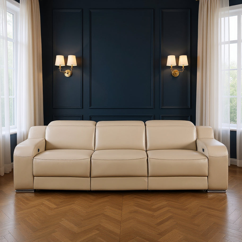 103" Beige Italian Leather Reclining USB Sofa-0