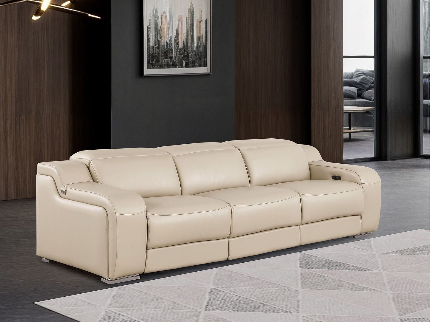 103" Beige Italian Leather Reclining USB Sofa-8
