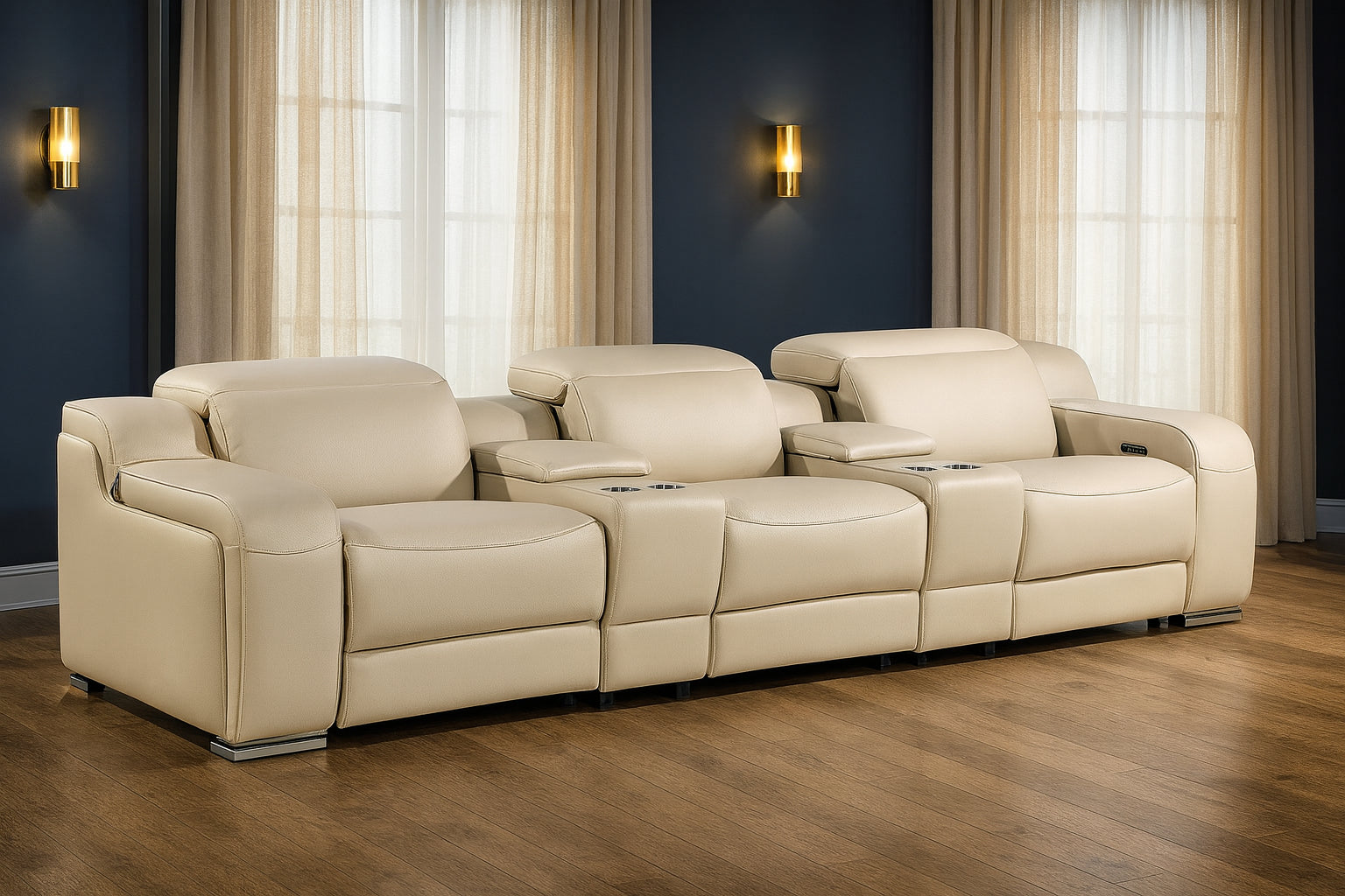 129" Beige Italian Leather Reclining USB Sofa-0