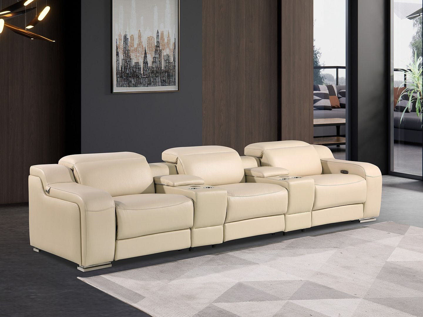 129" Beige Italian Leather Reclining USB Sofa-7