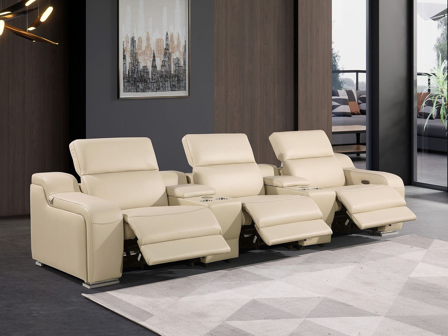 129" Beige Italian Leather Reclining USB Sofa-8