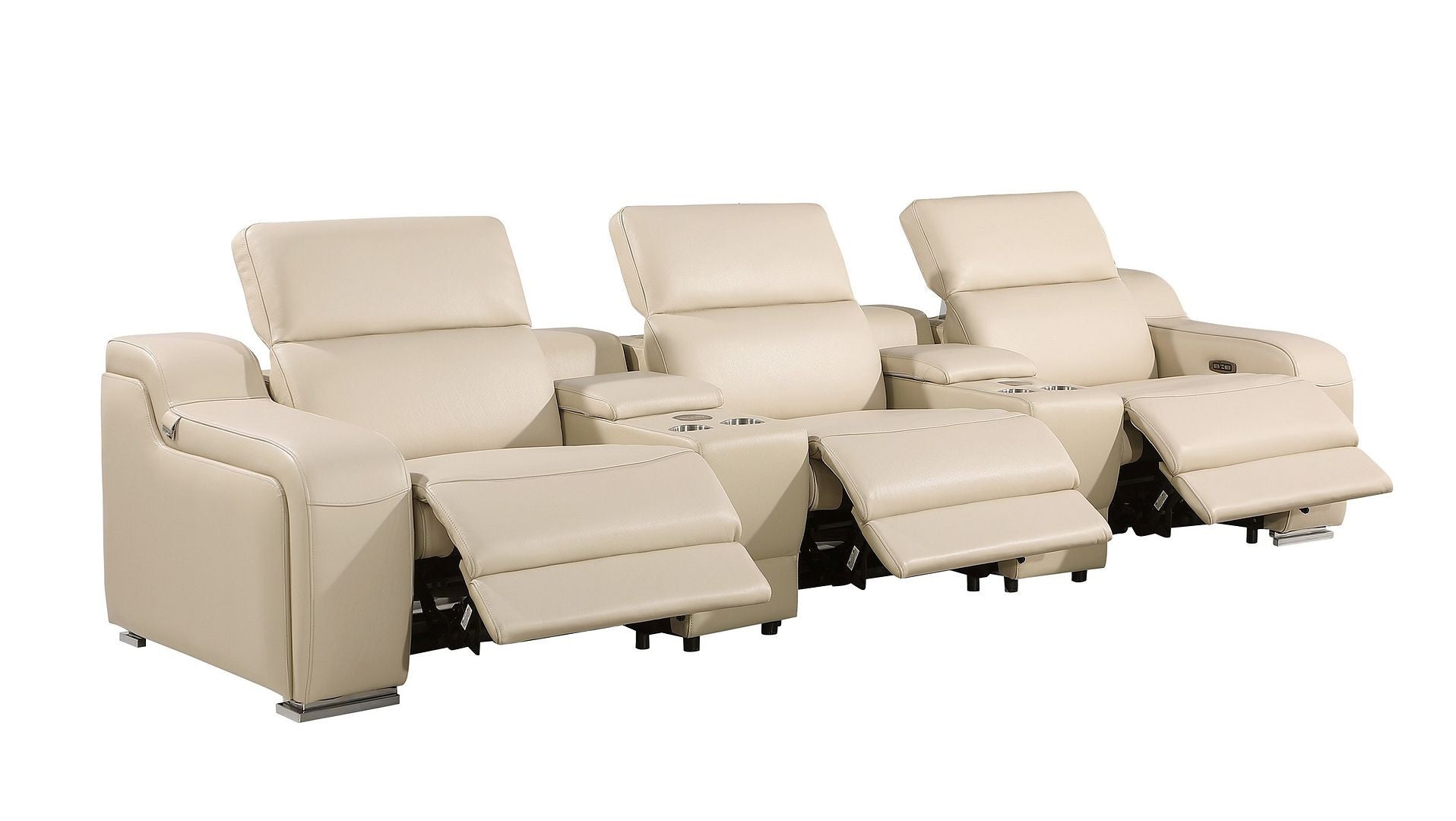 129" Beige Italian Leather Reclining USB Sofa-2