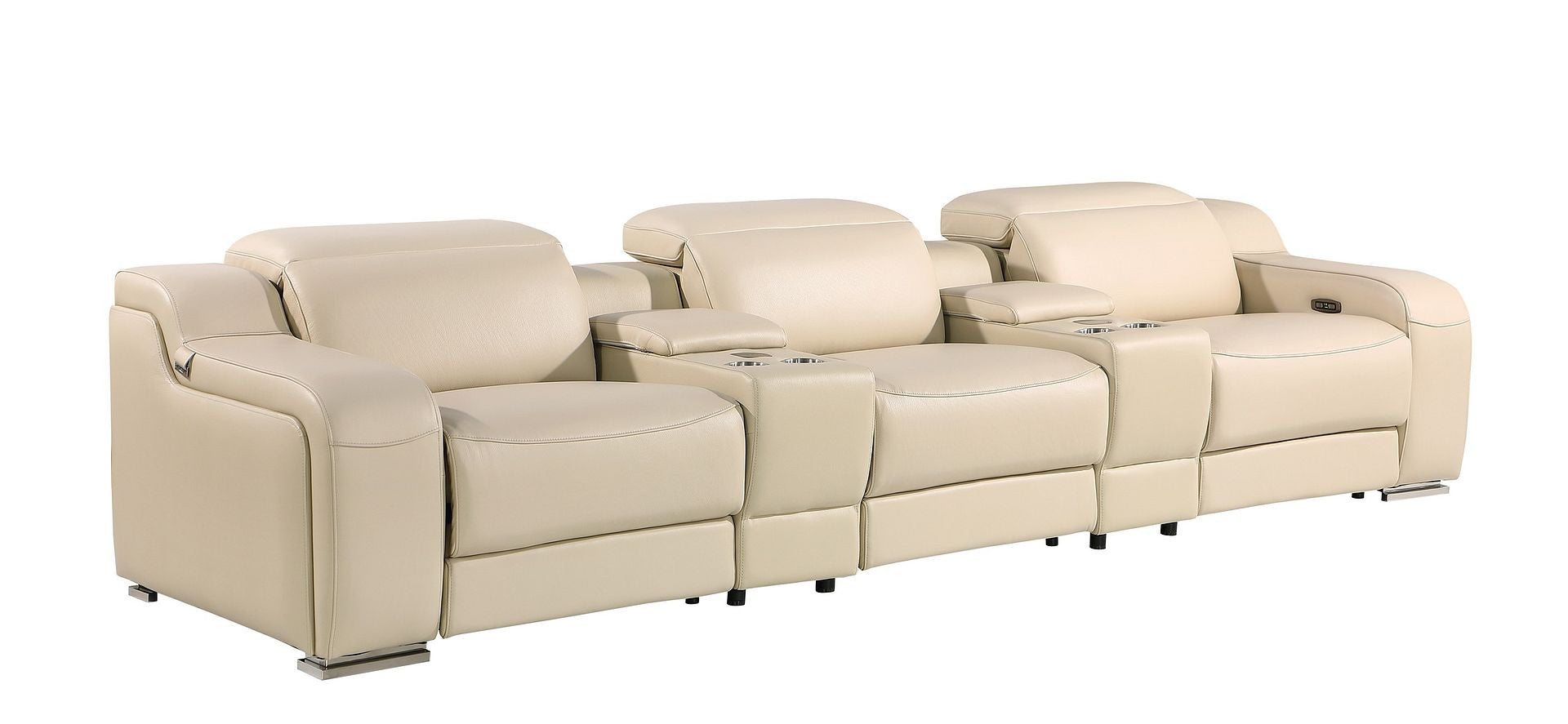 129" Beige Italian Leather Reclining USB Sofa-1