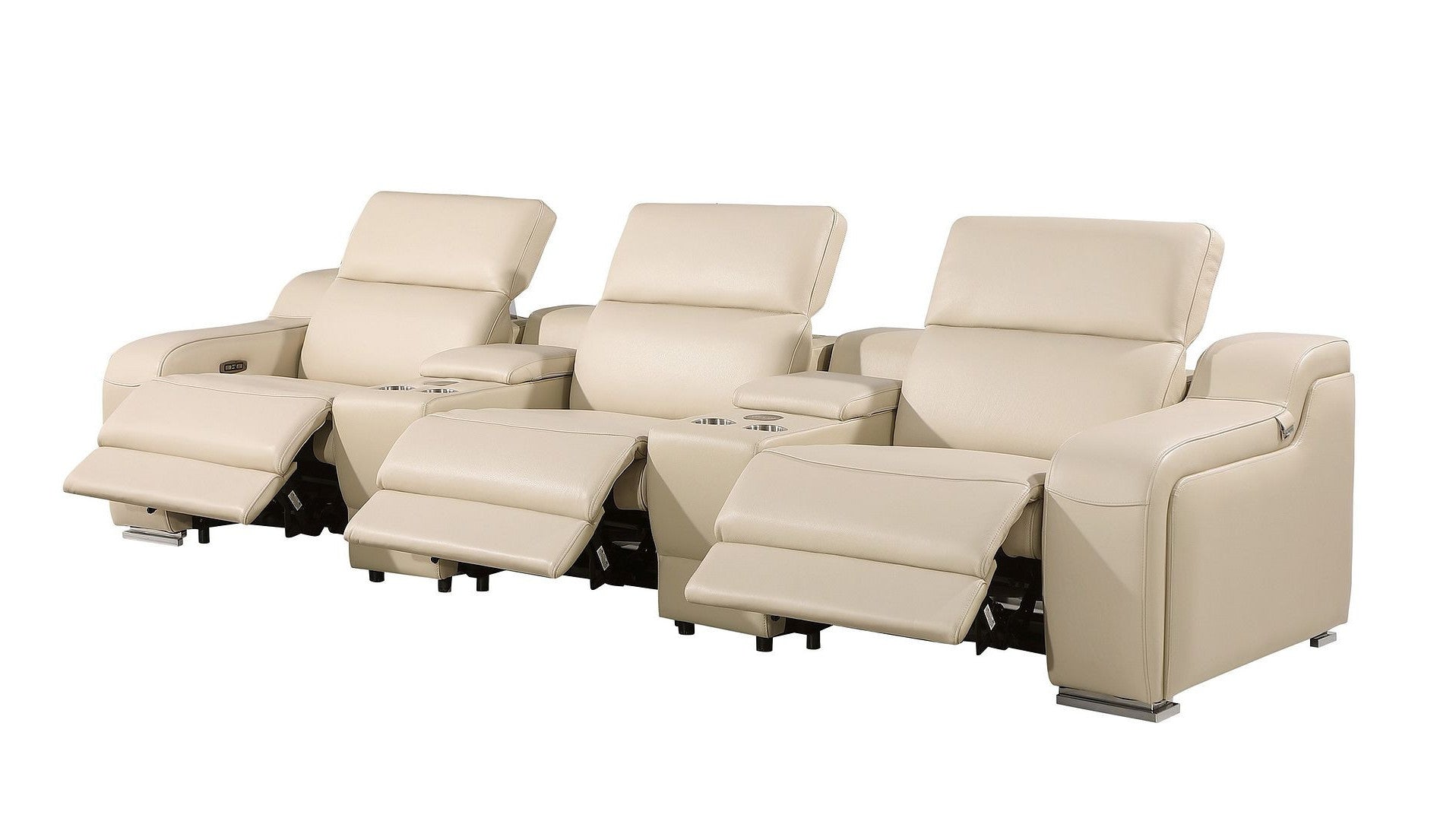 129" Beige Italian Leather Reclining USB Sofa-4