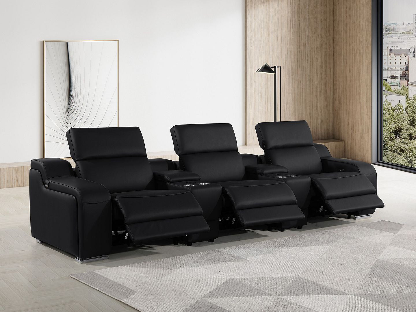 129" Black Italian Leather Reclining USB Sofa-7