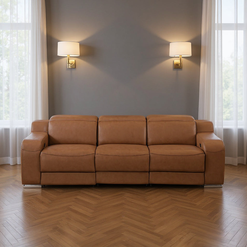 103" Chestnut Italian Leather Reclining USB Sofa-0