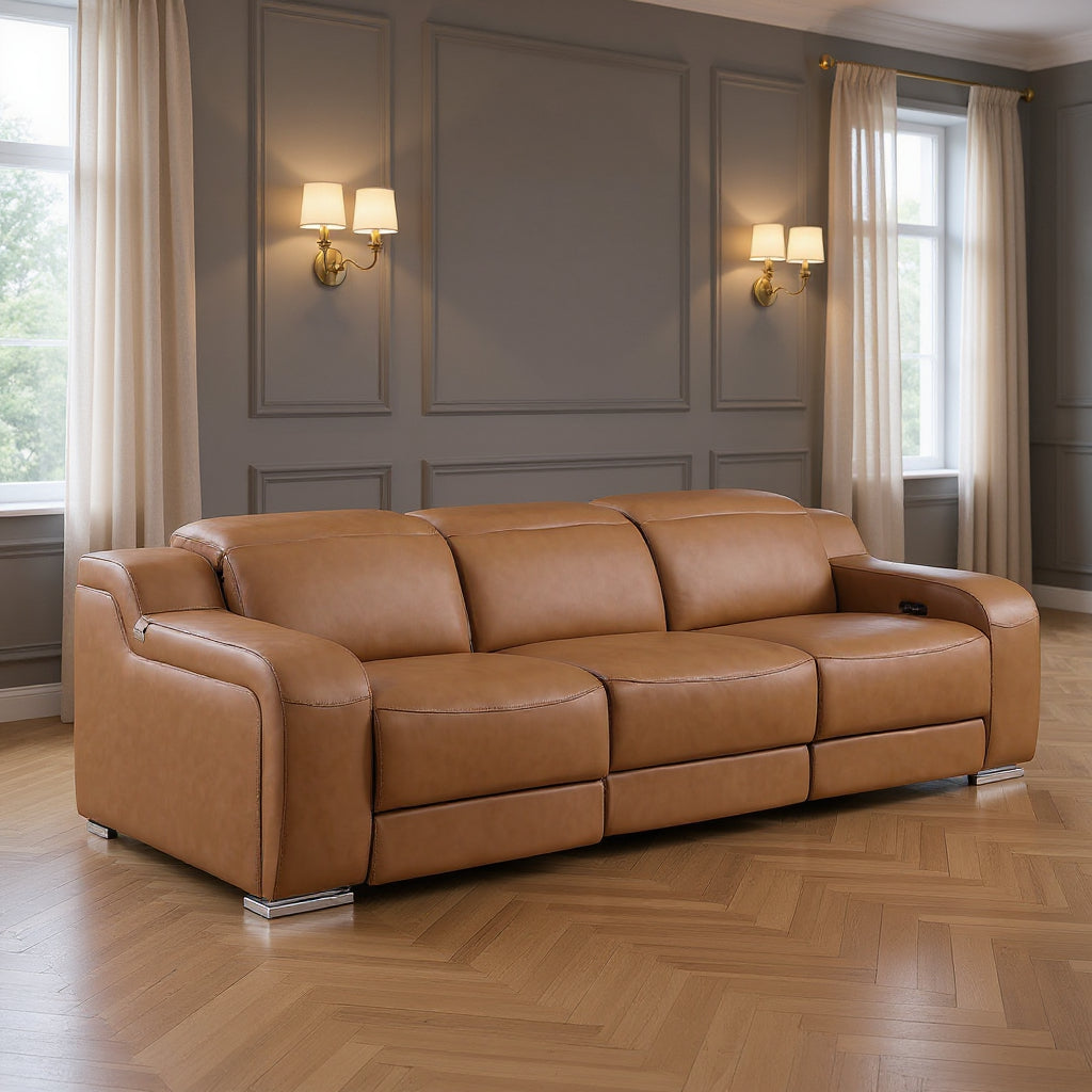 103" Chestnut Italian Leather Reclining USB Sofa-0
